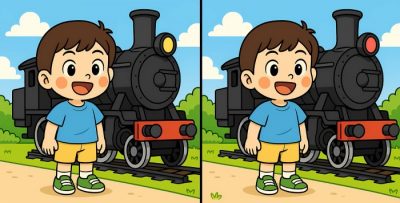 IQ-test: hitta 3 skillnader i bilden av en pojke nära ett ångtåg i 29 s